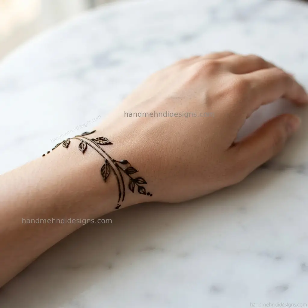 Minimal wrist mehndi with a half-mandala ornament, layered petals, fine border, and tiny dot accents.