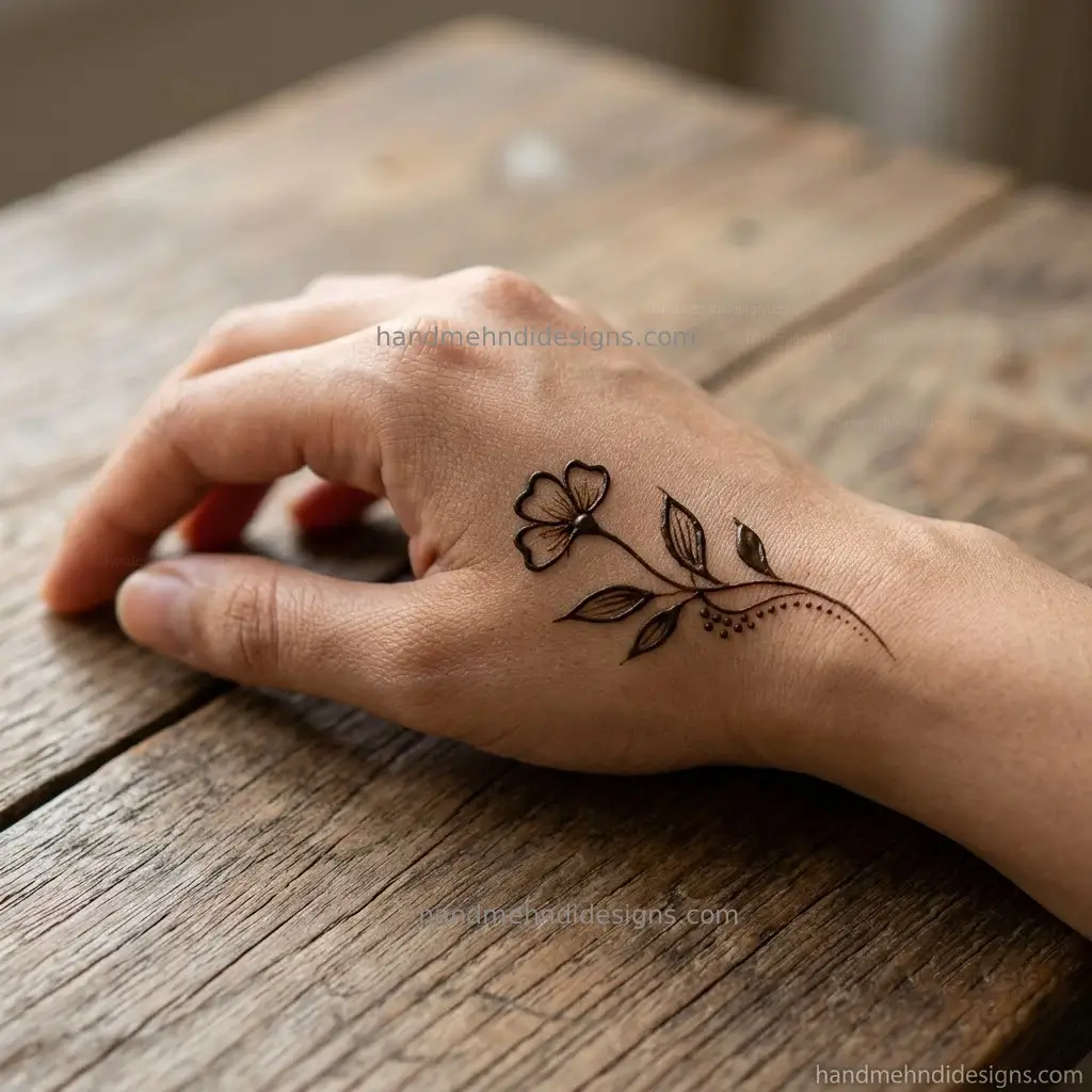 Light floral mehndi near the outer palm edge with a small open flower, curved stem, narrow leaves, and dots.