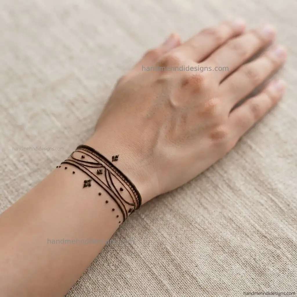 Minimal kada-style wrist mehndi with parallel curved lines, tiny diamonds, and evenly spaced dots.