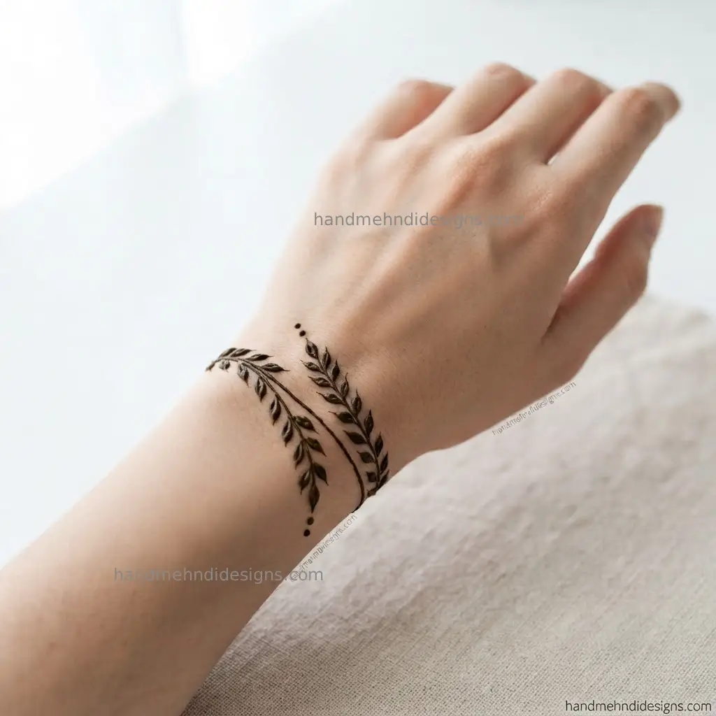 Simple wrist mehndi band featuring alternating tiny leaves along a curved central line with small dot accents.