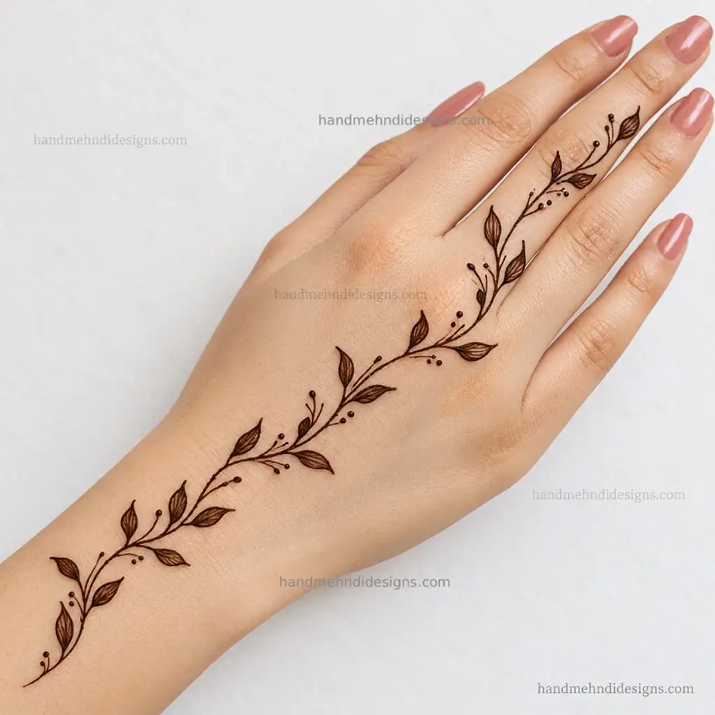 Minimal back hand mehndi design with a curved leafy vine extending from the wrist toward the ring finger.