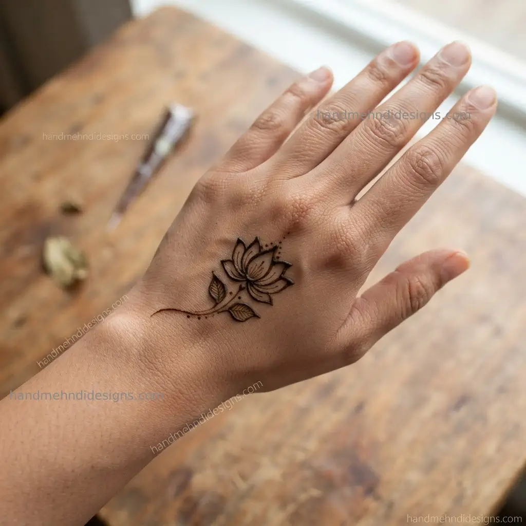 Minimal back hand lotus mehndi featuring layered pointed petals, two tiny leaves, and a fine curved base.