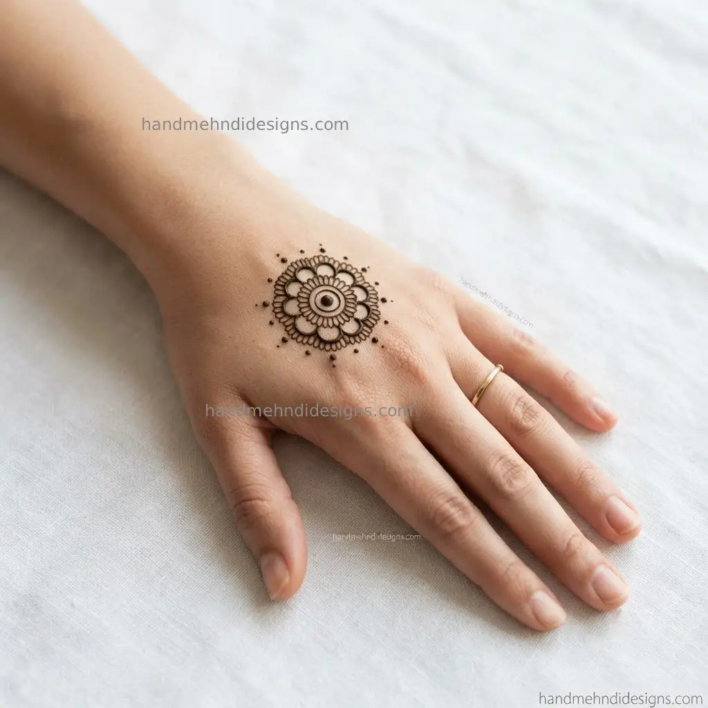 Small back hand mandala mehndi with a dotted center, rounded petals, and a fine circular border.