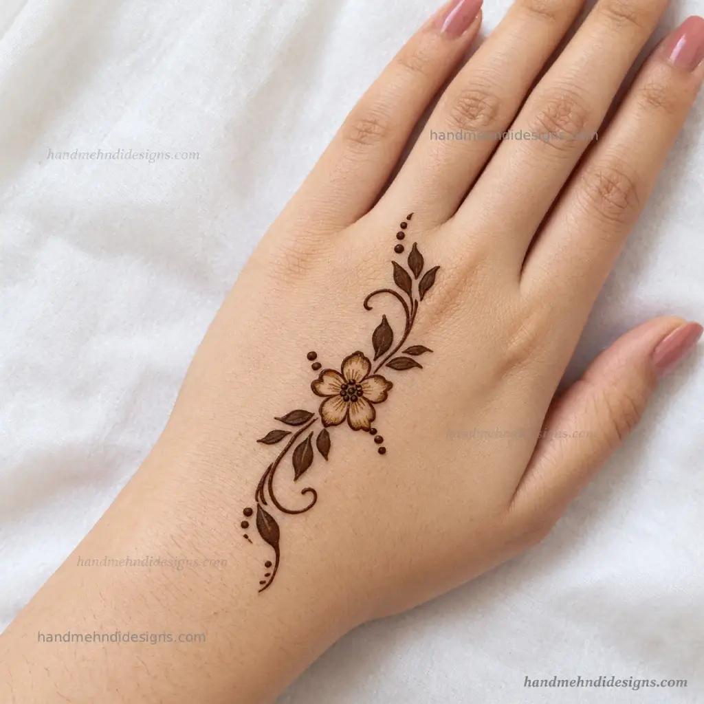 Minimal back hand mehndi design featuring a small five-petal flower, delicate leaves, and tiny dots on the center of the hand.