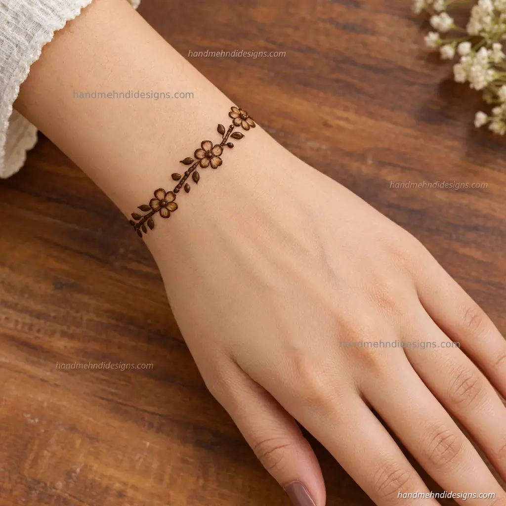 Minimal back hand mehndi featuring a delicate wrist band of tiny connected flowers, fine curved lines, and small leaves.