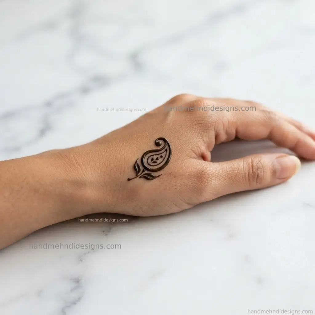Simple back hand mehndi with one small outlined paisley, delicate inner dots, and a curved leaf accent.