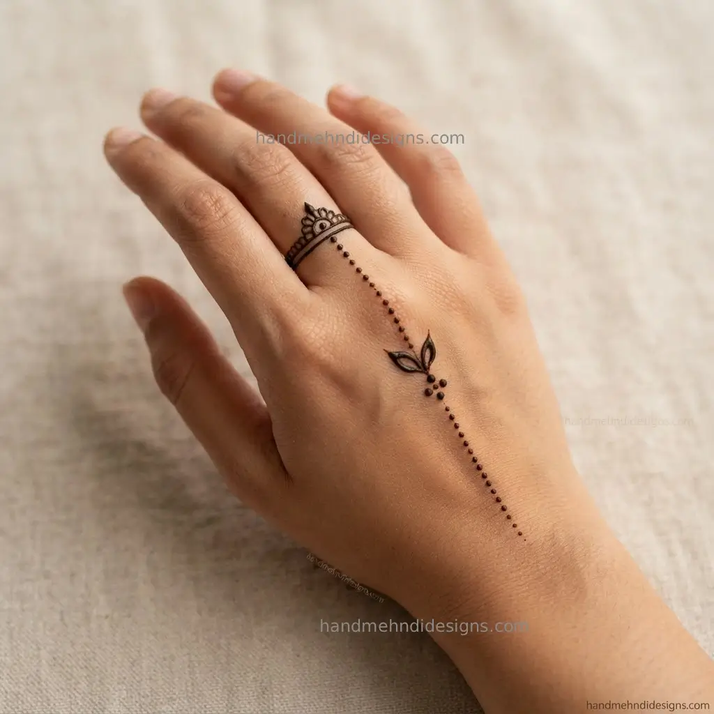 Back hand mehndi featuring a small ring-like finger motif connected to a fine dotted chain and tiny leaf