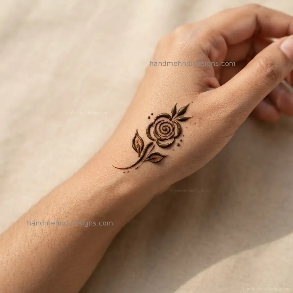 Minimal back hand mehndi featuring a small spiral-petal rose, two narrow leaves, and sparse dot accents.