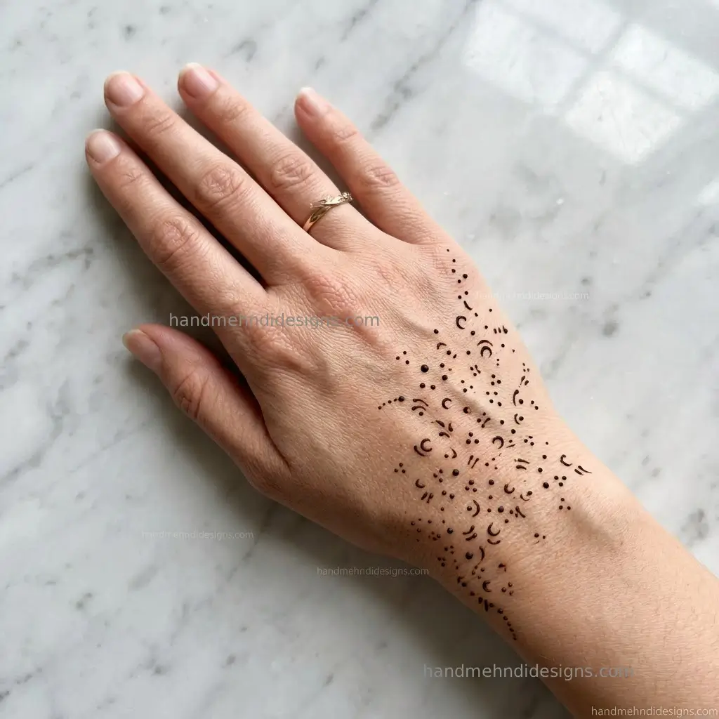 Simple back hand mehndi with scattered tiny dots and miniature curved marks extending from the wrist