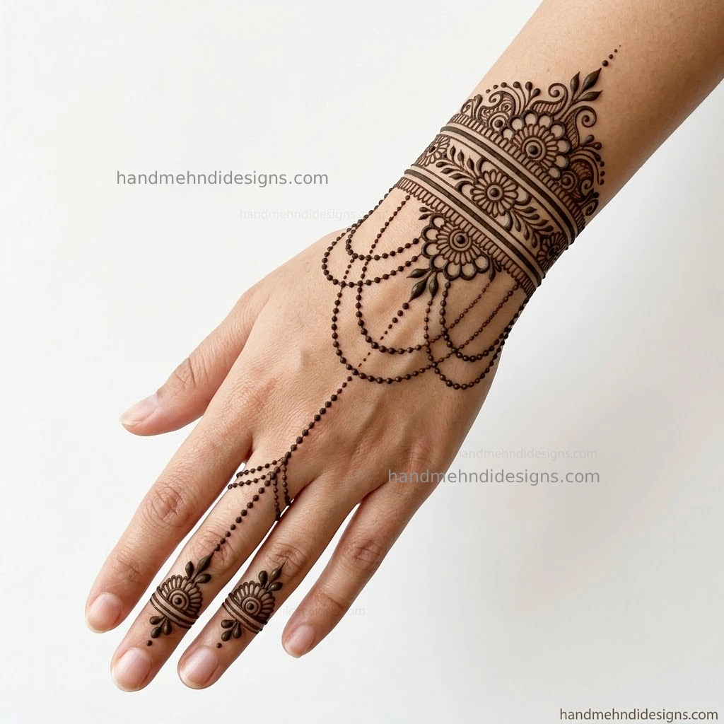 Bracelet style back hand mehndi design with hanging dotted chain accents