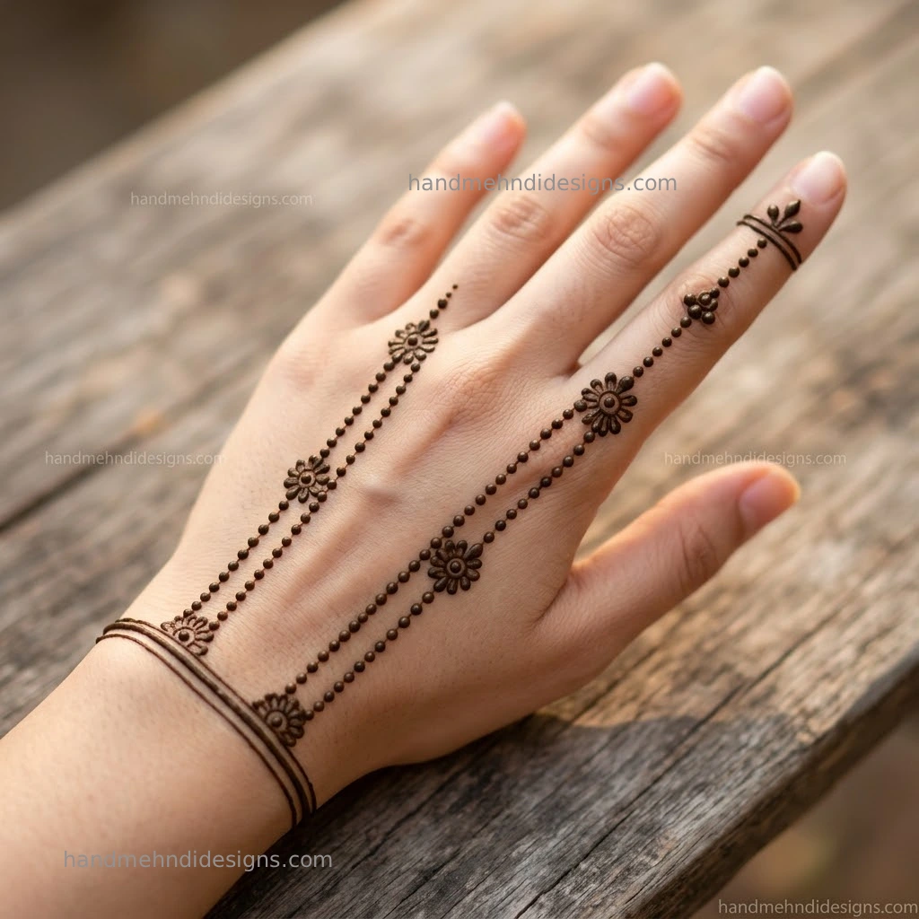 Parallel double chain back hand mehndi design flowing from wrist