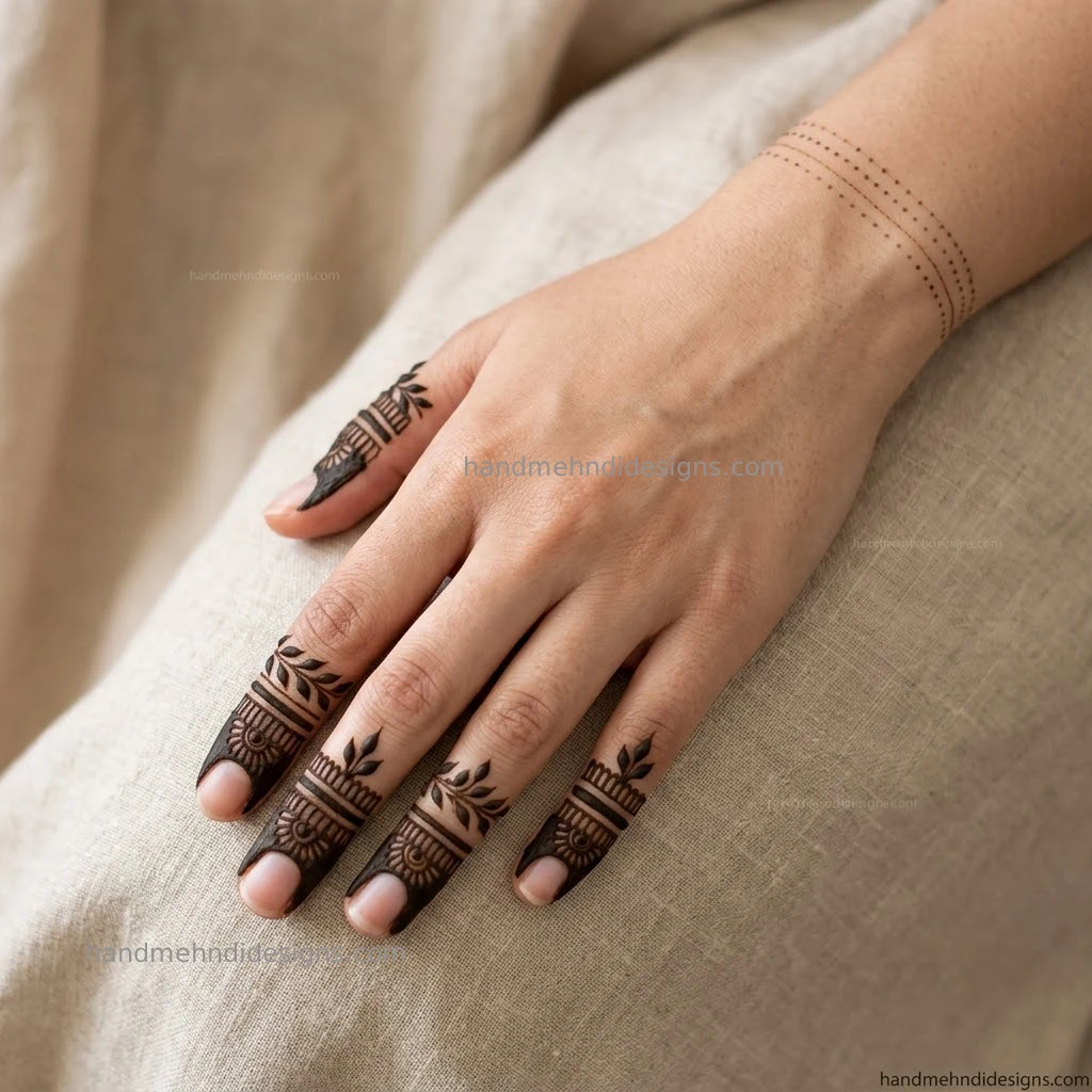 Decorated fingertips with minimal wrist band back hand mehndi layout