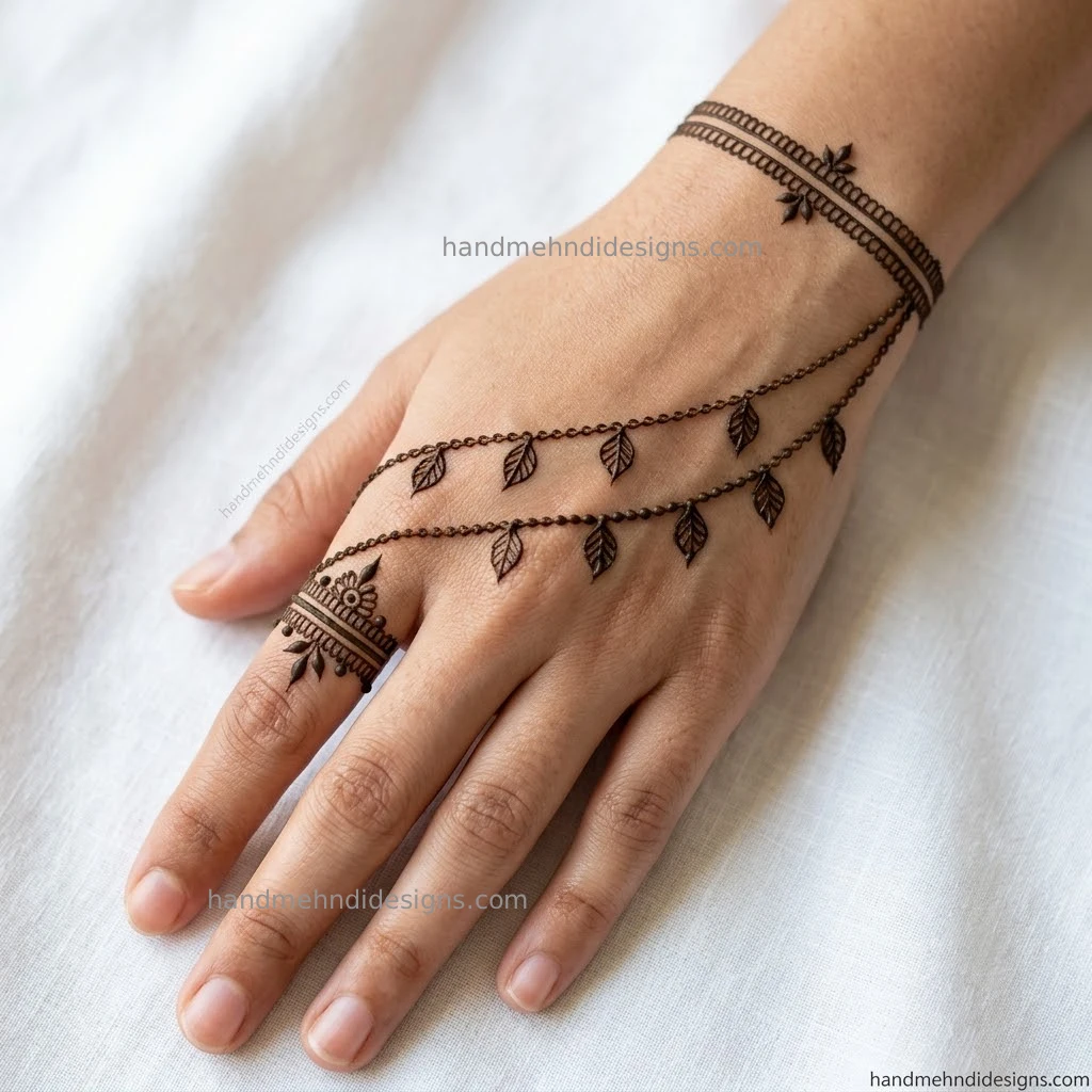 Thin chain jewelry style back hand mehndi imitating a haathphool