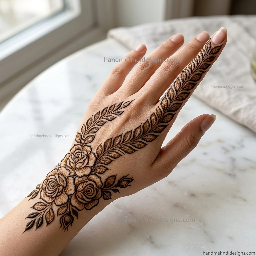 Combination rose and leaf trail back hand mehndi design