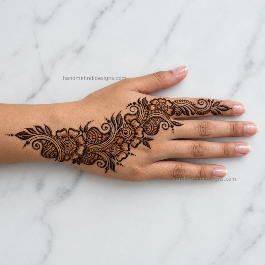 Slanted diagonal bel back hand mehndi design with leafy clusters