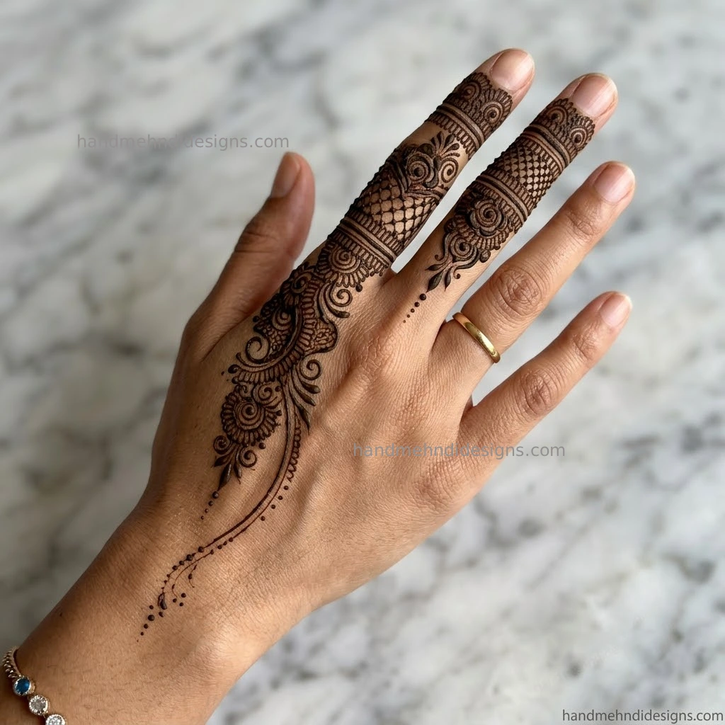 Focused finger detail back hand mehndi design with minimal wrist line