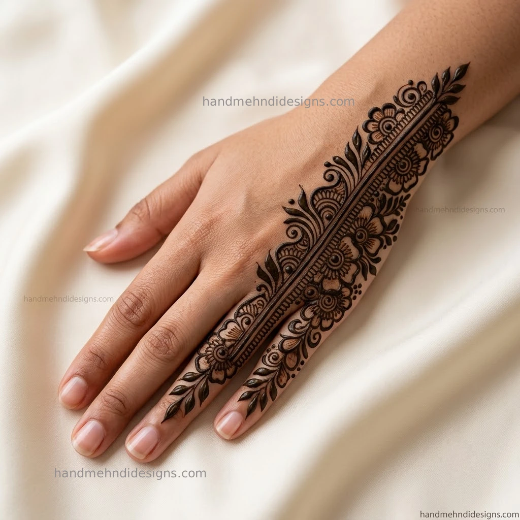 Half hand coverage back hand mehndi with diagonal floral trail