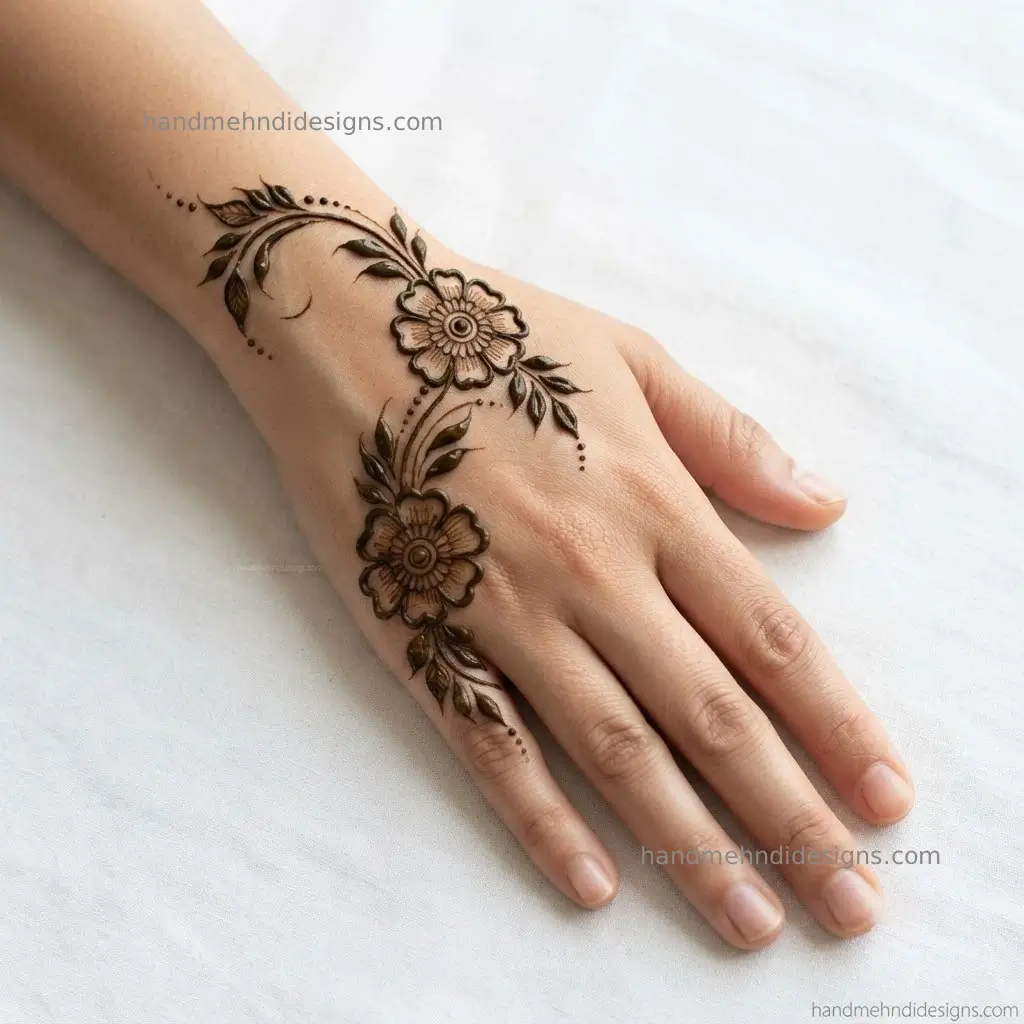 Back hand two-flower vine mehndi with paired blossoms, leafy connectors and open spacing