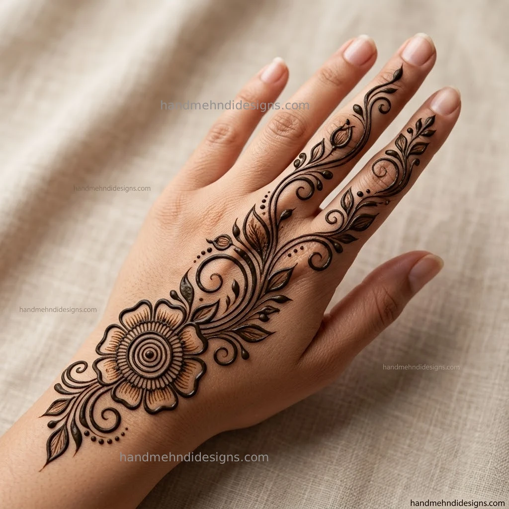 Spiral flower back hand mehndi pattern extending with leafy swirls