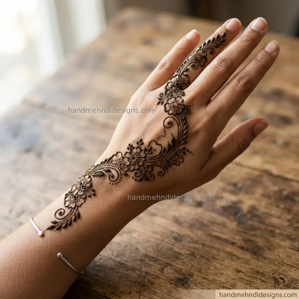 Wrist to finger floral vine mehndi on the back hand with connected flowers, leaves and delicate dots