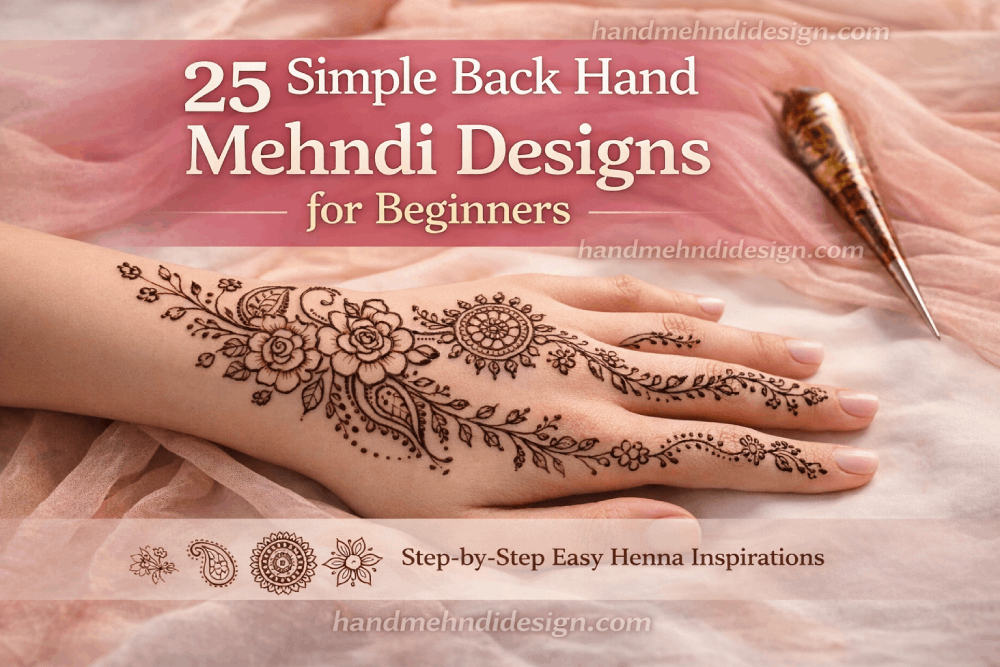 Simple back hand mehndi designs for beginners featuring floral vine, mandala, paisley and dot patterns in a clean minimal layout.