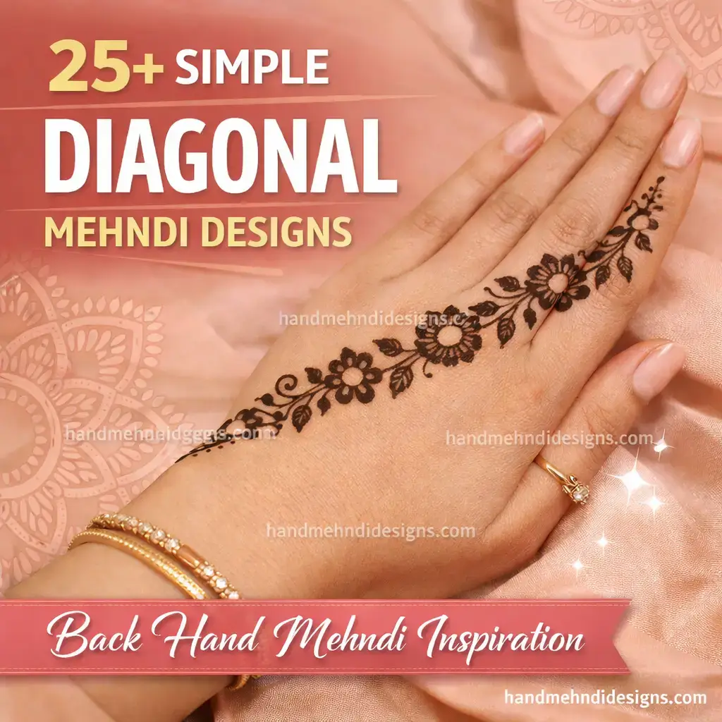 Simple diagonal back hand mehndi design with minimal floral pattern and clean modern layout