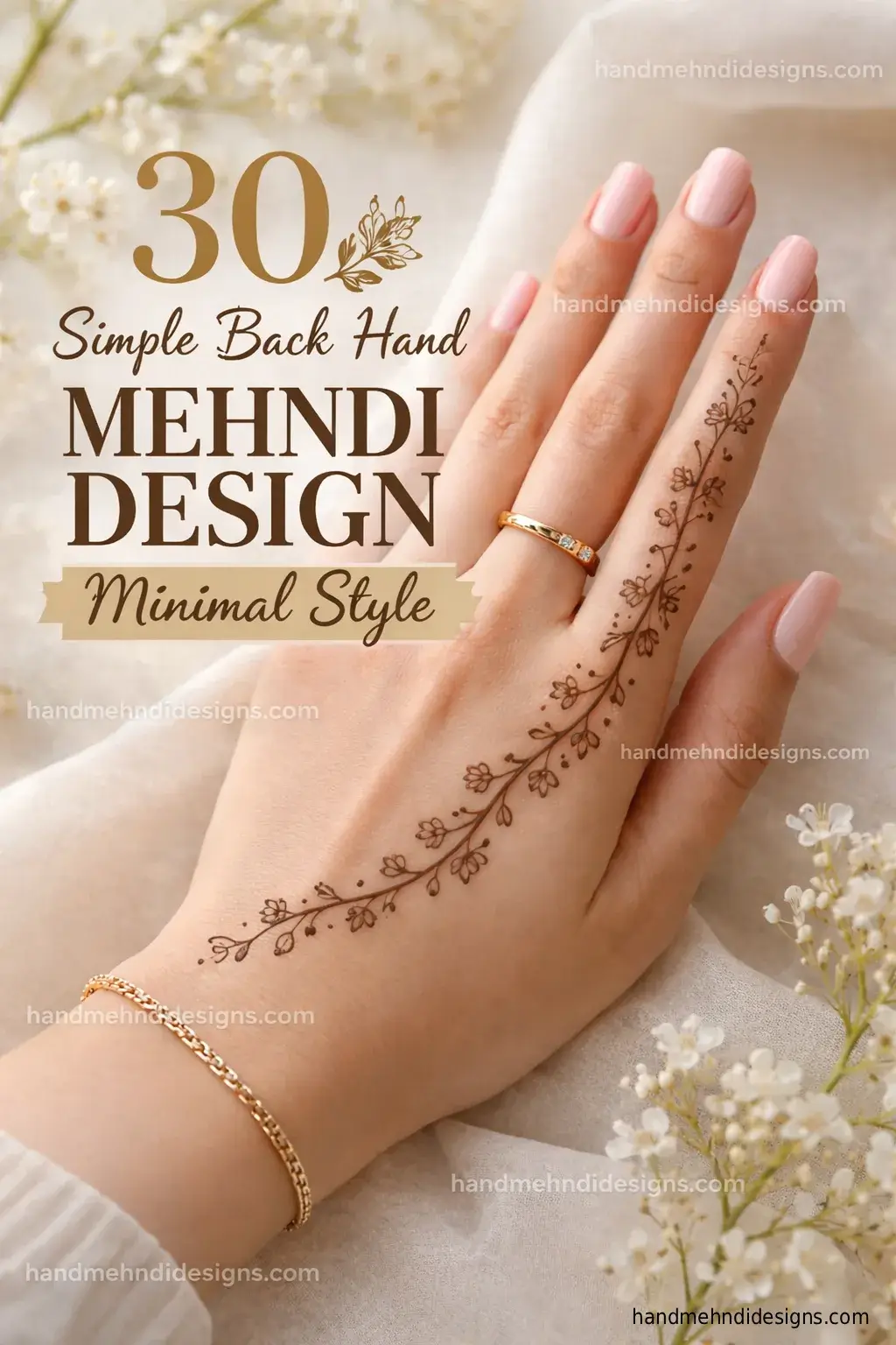 simple back hand mehndi design minimal style with thin floral vine pattern on hand