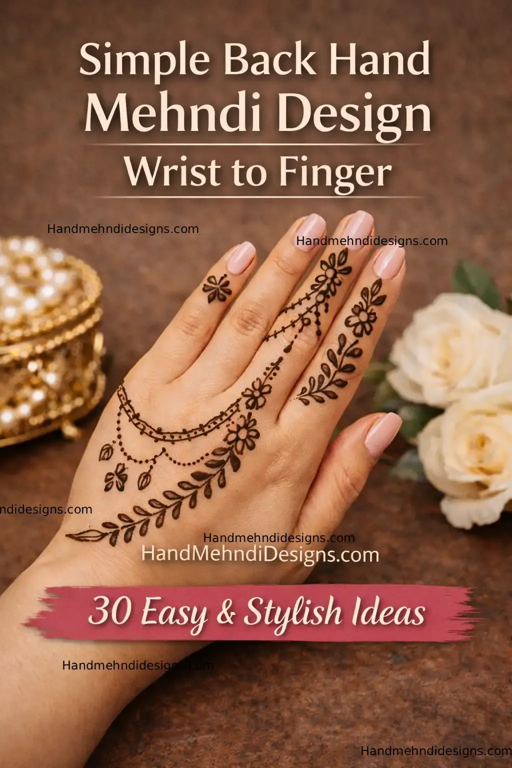 simple back hand mehndi design wrist to finger with floral chain pattern