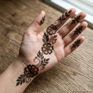 Diagonal front hand mehndi design with flowers, leafy trails and small dot accents
