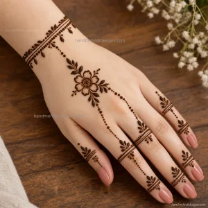 Easy haathphool style back hand mehndi with a floral center, wrist bracelet and fine finger chains