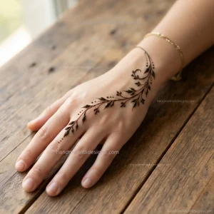 Easy back hand leaf vine mehndi design with a diagonal leafy trail, tiny buds, and minimal dotted details.