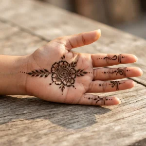 Finished easy beginner mehndi design featuring a central floral mandala, leafy vine, tiny dots, and simple finger patterns.
