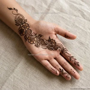 Floral paisley front hand mehndi with central flower, leafy stems and dot clusters