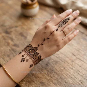 Floral bracelet mehndi design with tiny flowers and leaves forming a slim wrist band with delicate dotted details.
