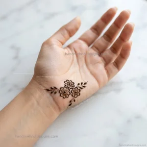 Easy floral dot mehndi design with three small dotted flower clusters on the front hand