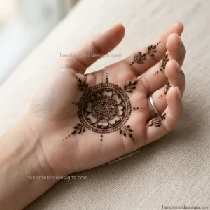 Front hand floral mandala mehndi with layered rounded petals, a circular dotted border, and short finger extensions.
