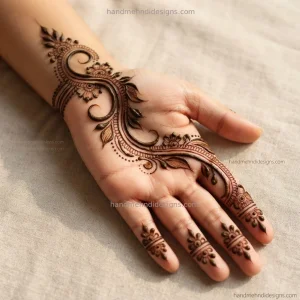 Front hand Arabic bel mehndi with a diagonal leafy vine flowing from the wrist toward the middle finger.
