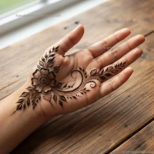 Small lotus front hand mehndi with layered pointed petals, a dotted semicircle, and two delicate leafy extensions.
