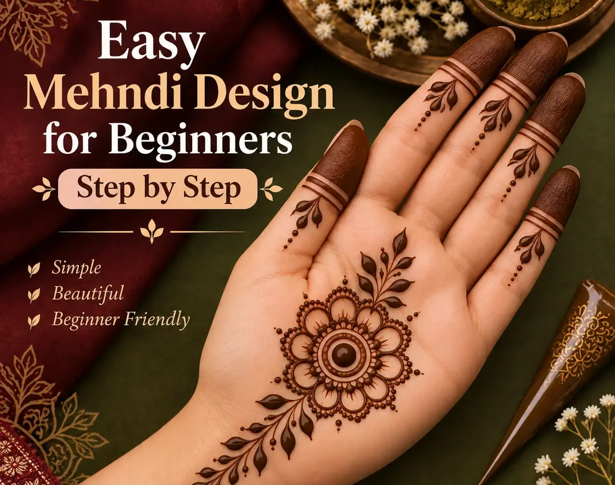 Easy mehndi design for beginners step by step with simple floral mandala on palm