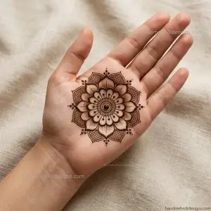 Front palm showing a two-layer mandala with neat petals and balanced circular detailing