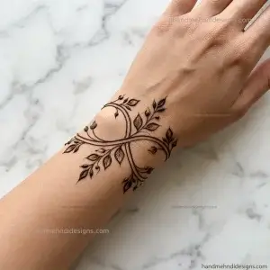 Wrist mehndi designed as a delicate vine bracelet with thin curves, leaves and tiny buds