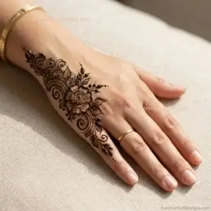 Easy side hand flower mehndi with a curved wrist-to-side-palm floral trail