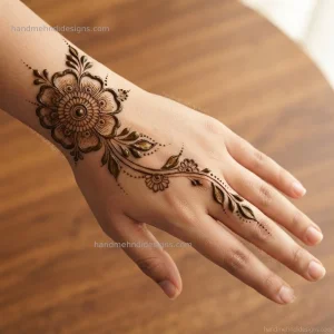 Back hand wrist mehndi featuring a rounded flower, curved leafy vine, and tiny buds extending toward the ring finger.