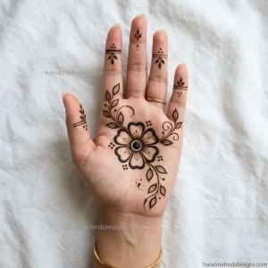 Simple front hand mehndi design with a central flower and leafy vines extending toward the fingers