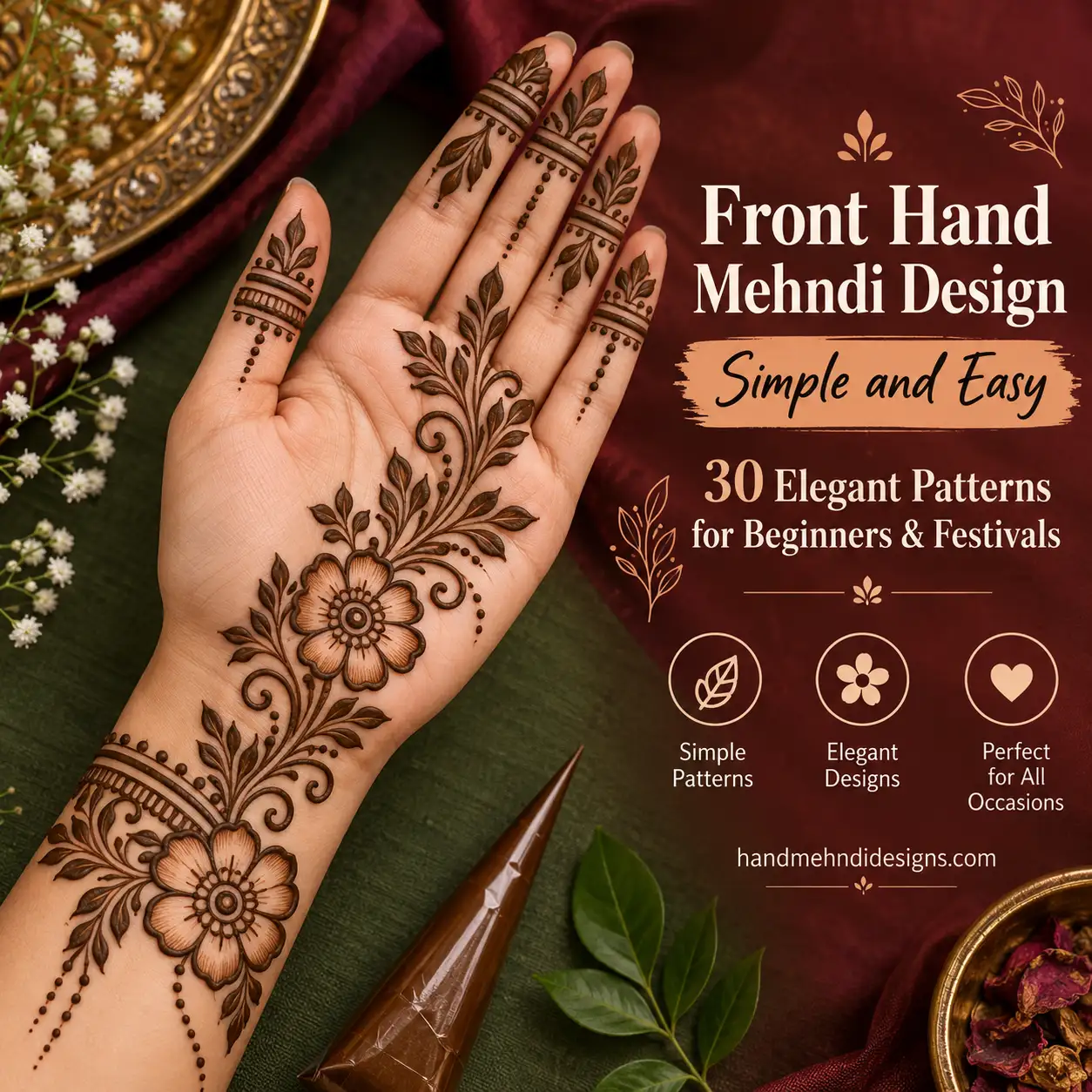 Front hand mehndi design simple and easy with an elegant floral pattern