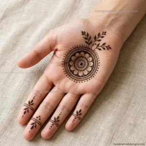 Mini mandala front hand mehndi with concentric petals, dots and leafy trails