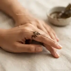 Minimal finger mehndi with a small leaf crown motif and delicate dotted details