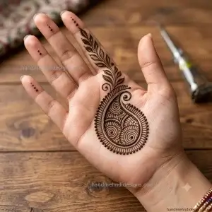Elegant teardrop paisley motif mehandi design flowing diagonally on front palm.