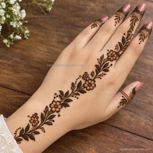 Simple Arabic bel mehndi on the back hand with leafy clusters, tiny flowers and open spaces
