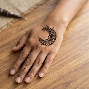 Simple crescent floral back hand mehndi with curved petals, delicate leaves, and tiny dots.